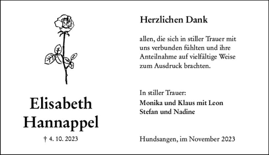 Traueranzeige von Elisabeth Hannappel von Nassauische Neue Presse