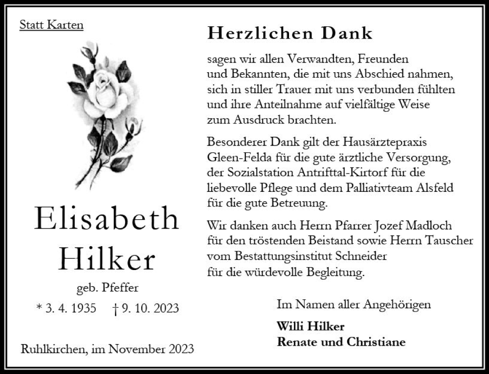  Traueranzeige für Elisabeth Hilker vom 18.11.2023 aus Oberhessen Kurier