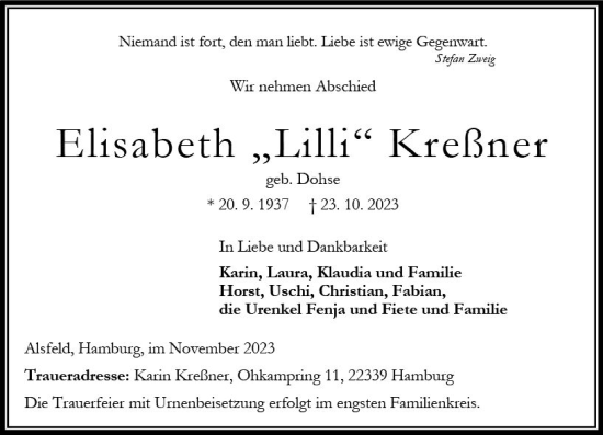 Traueranzeige von Elisabeth Kreßner von VRM Trauer