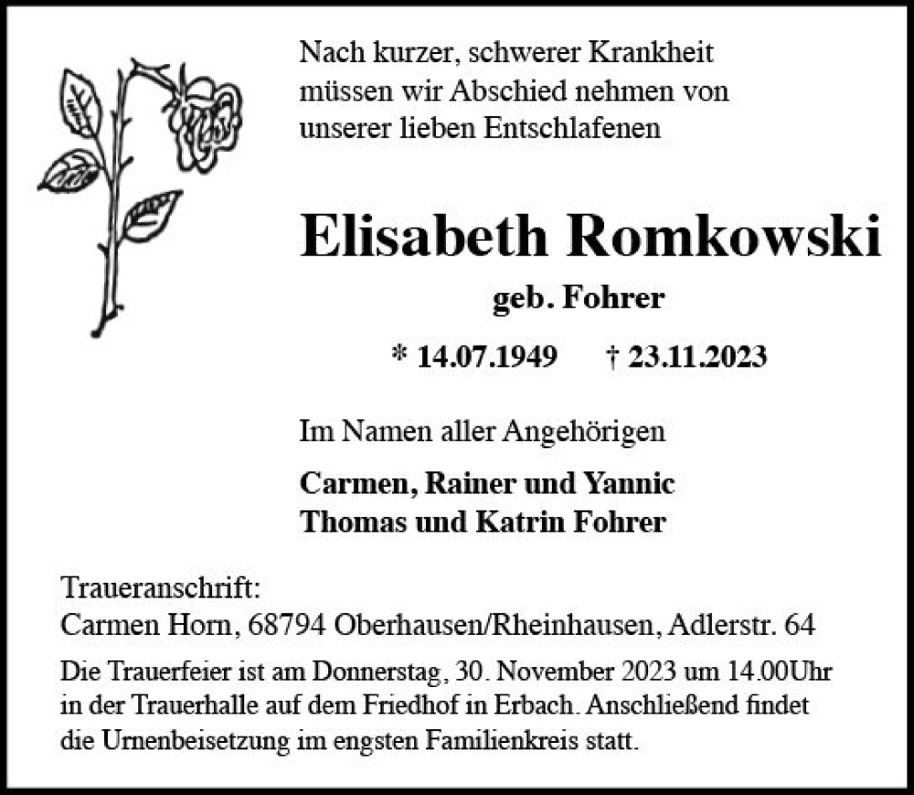  Traueranzeige für Elisabeth Romkowski vom 28.11.2023 aus Rheingau Kurier