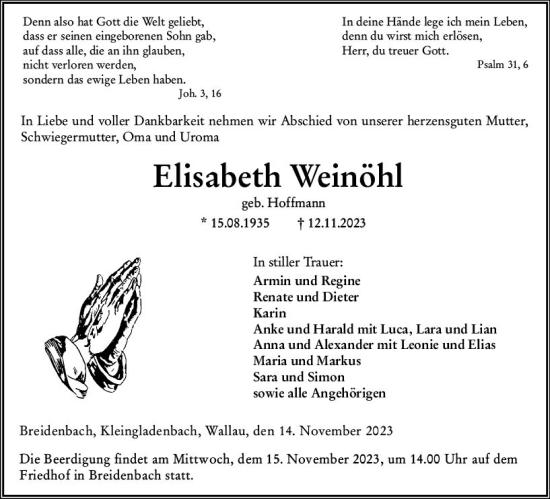 Traueranzeige von Elisabeth Weinöhl von Hinterländer Anzeiger