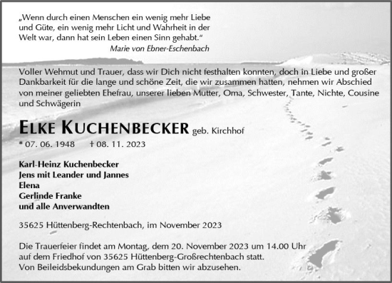 Traueranzeige von Elke Kuchenbecker von Wetzlarer Neue Zeitung