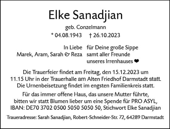 Traueranzeige von Elke Sanadjian von Darmstädter Echo