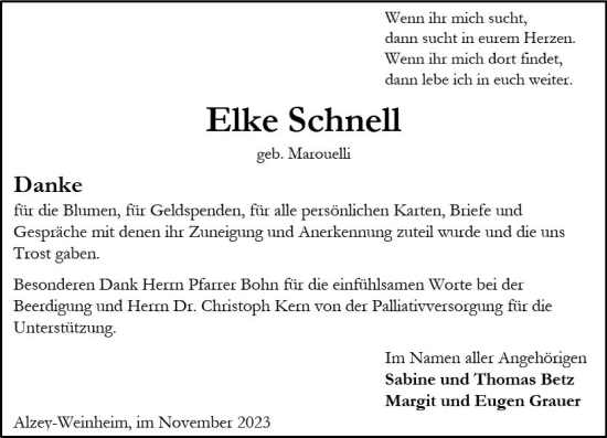 Traueranzeige von Elke Schnell von Allgemeine Zeitung Alzey