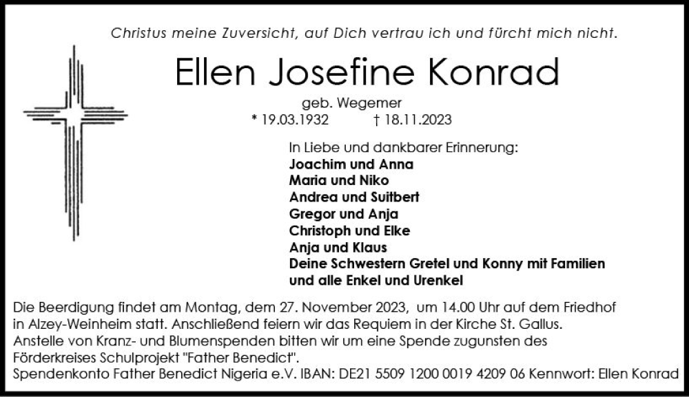  Traueranzeige für Ellen Josefine Konrad vom 25.11.2023 aus Allgemeine Zeitung Alzey