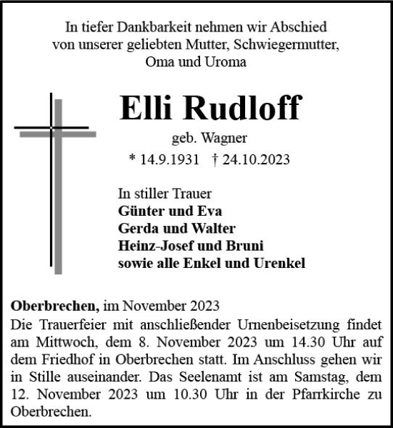 Traueranzeige von Elli Rudloff von Camberger Anzeiger
