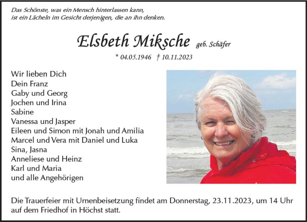  Traueranzeige für Elsbeth Miksche vom 18.11.2023 aus Odenwälder Echo