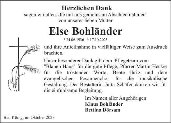 Traueranzeige von Else Bohländer von Odenwälder Echo