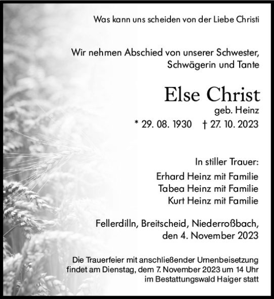 Traueranzeige von Else Christ von Dill Block