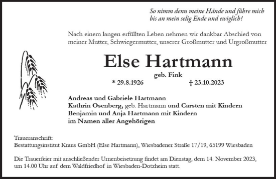 Traueranzeige von Else Hartmann von Wiesbadener Kurier