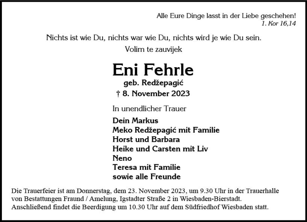  Traueranzeige für Eni Fehrle vom 18.11.2023 aus Wiesbadener Kurier