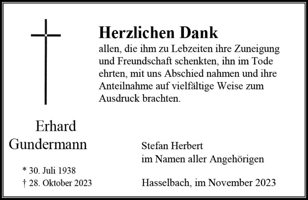  Traueranzeige für Erhard Gundermann vom 16.11.2023 aus Camberger Anzeiger
