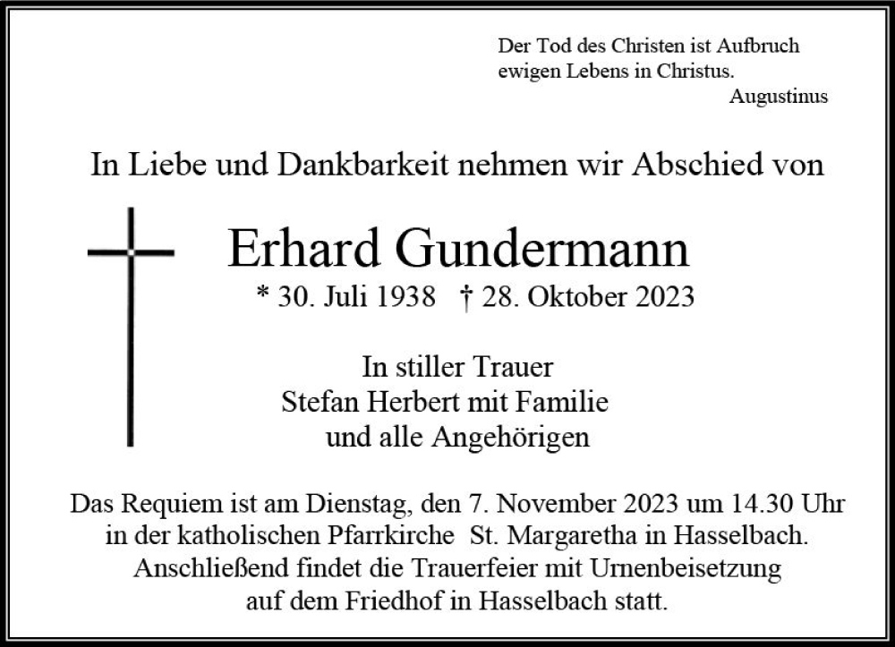  Traueranzeige für Erhard Gundermann vom 02.11.2023 aus Camberger Anzeiger