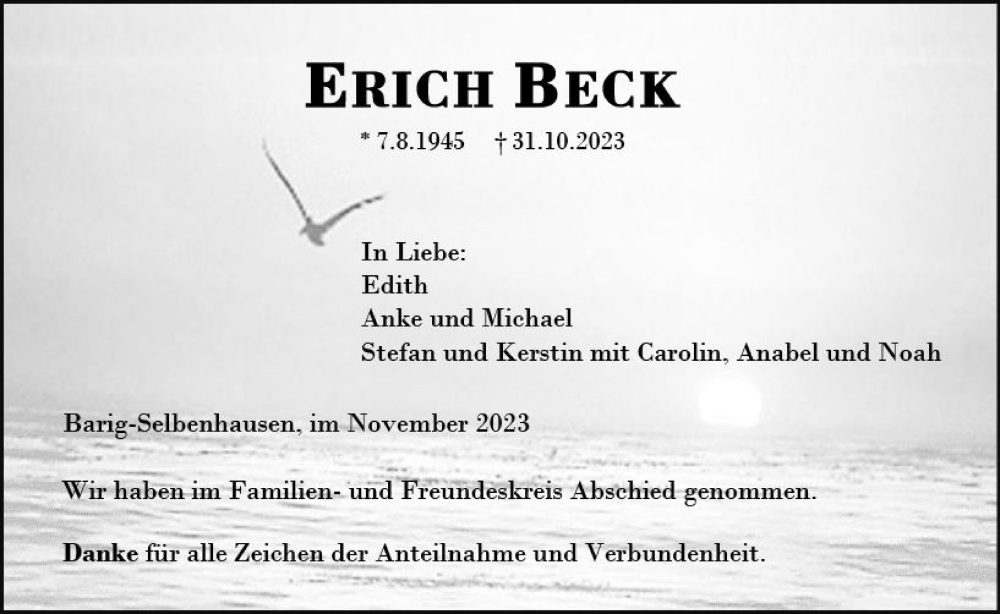  Traueranzeige für Erich Beck vom 16.11.2023 aus Weilburger Tageblatt