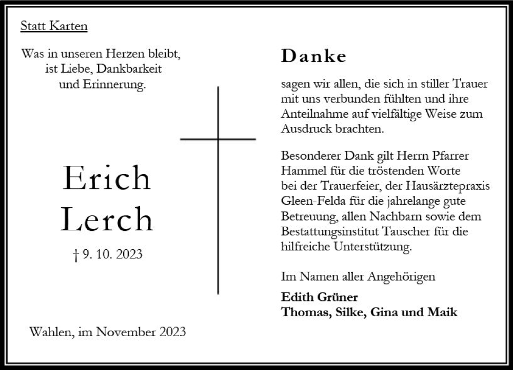  Traueranzeige für Erich Lerch vom 25.11.2023 aus Oberhessen Kurier