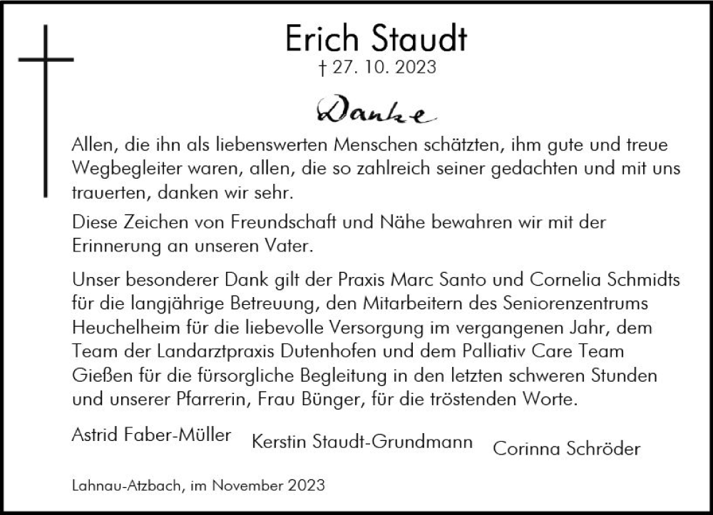  Traueranzeige für Erich Staudt vom 24.11.2023 aus Wetzlarer Neue Zeitung
