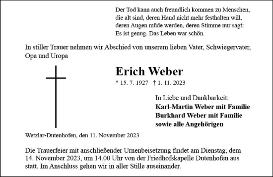Traueranzeige von Erich Weber von Wetzlarer Neue Zeitung