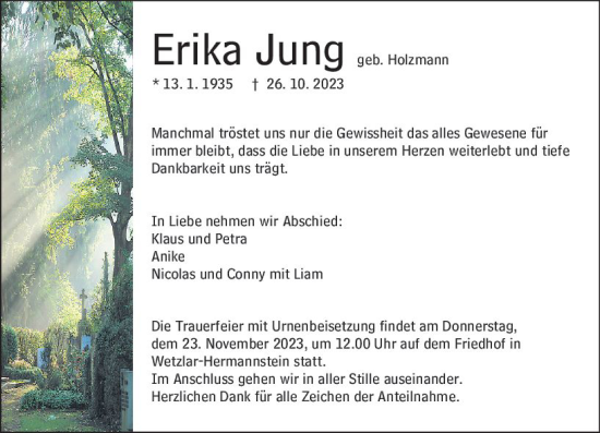 Traueranzeige von Erika Jung von Wetzlarer Neue Zeitung