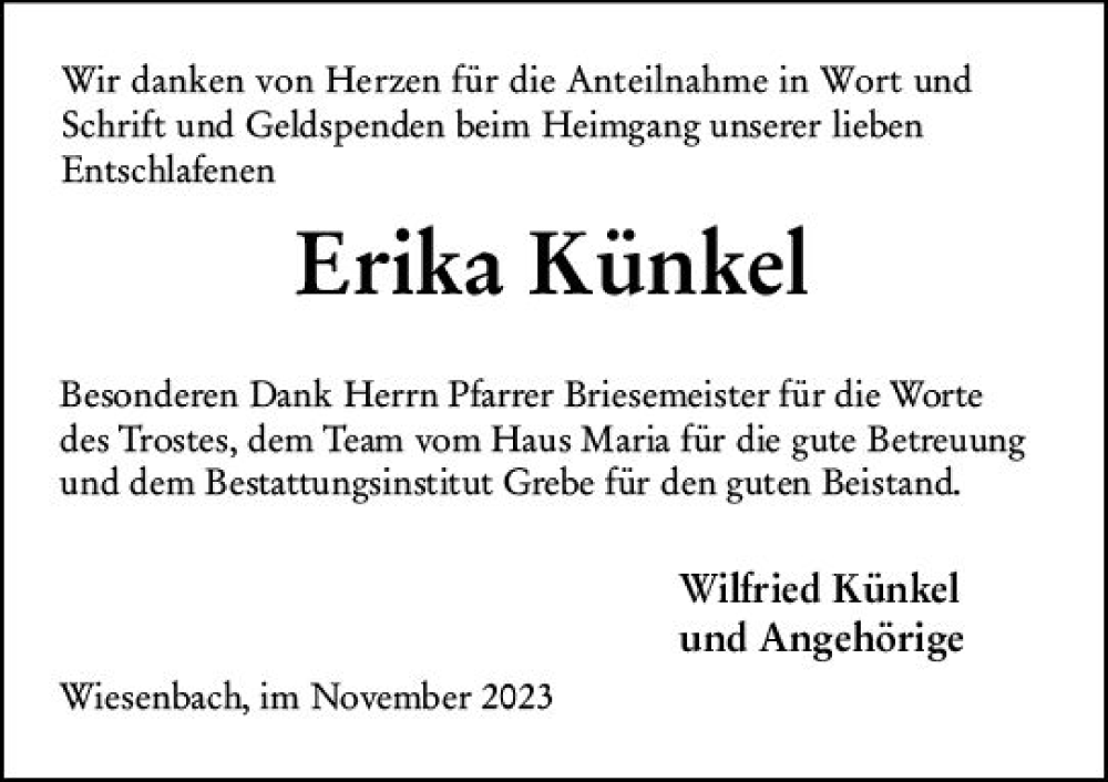  Traueranzeige für Erika Künkel vom 11.11.2023 aus Hinterländer Anzeiger