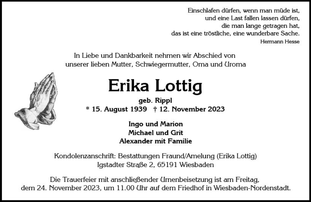  Traueranzeige für Erika Lottig vom 18.11.2023 aus Wiesbadener Kurier