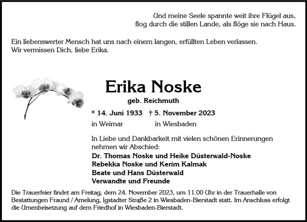  Traueranzeige für Erika Noske vom 11.11.2023 aus Wiesbadener Kurier