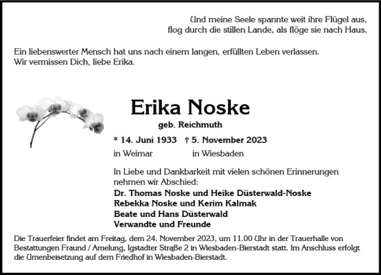 Traueranzeige von Erika Noske von Wiesbadener Kurier