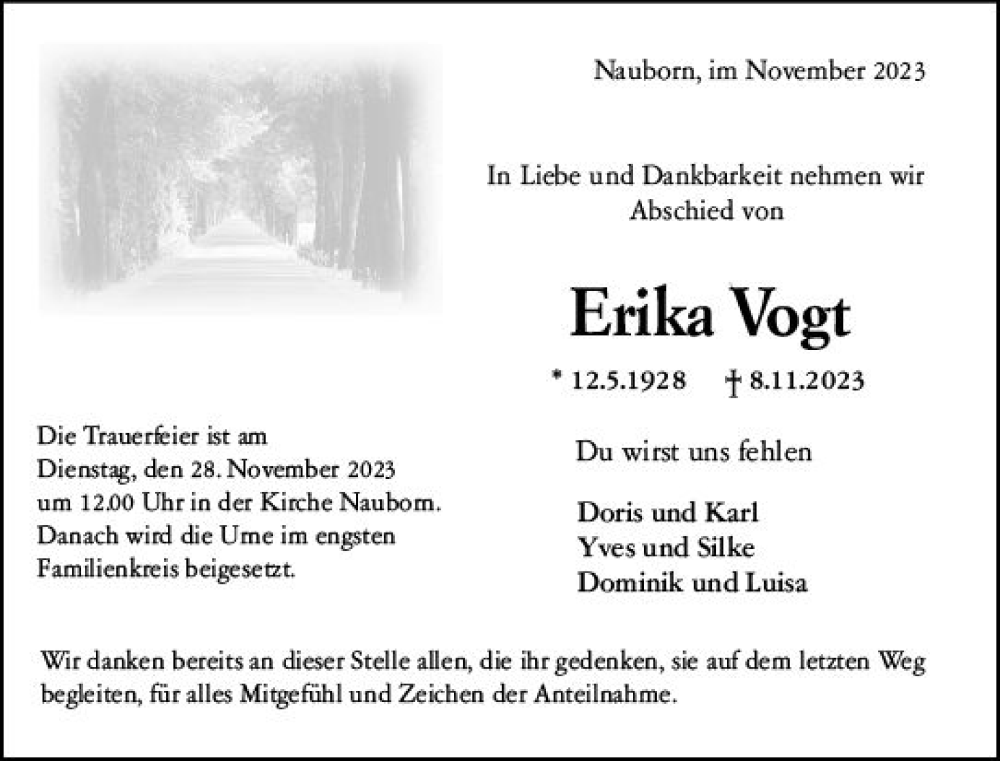  Traueranzeige für Erika Vogt vom 17.11.2023 aus Wetzlarer Neue Zeitung