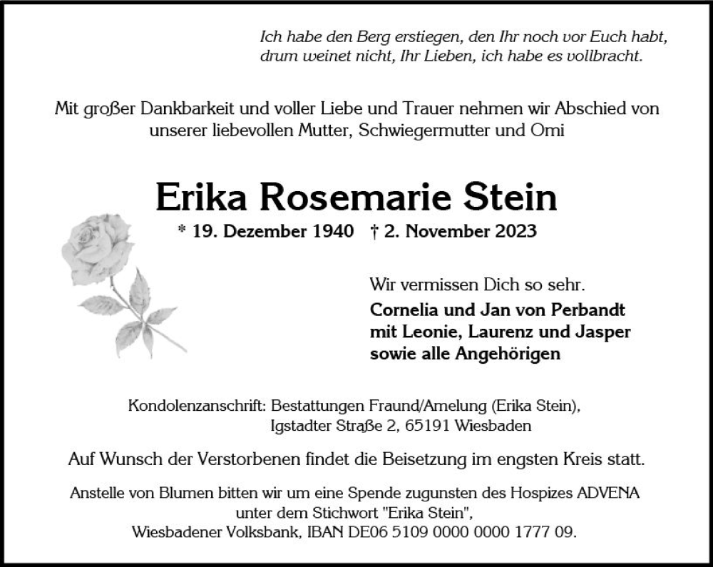  Traueranzeige für Erika Rosemarie Stein vom 11.11.2023 aus Wiesbadener Kurier