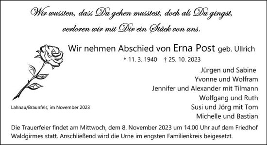 Traueranzeige von Erna Post von Wetzlarer Neue Zeitung
