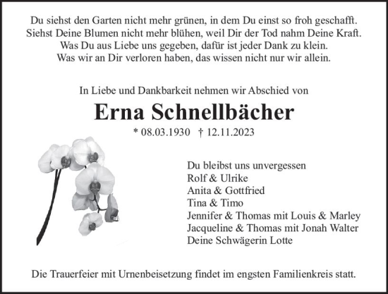 Traueranzeige von Erna Schnellbächer von Odenwälder Echo