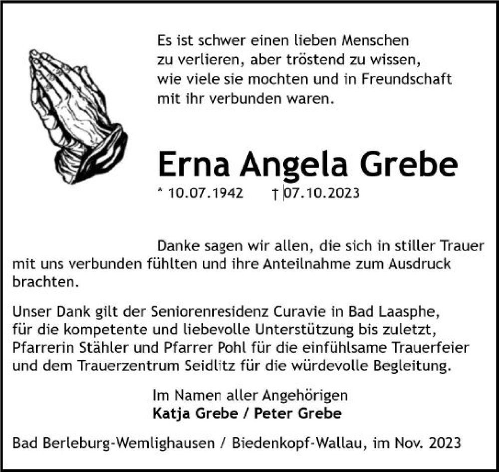  Traueranzeige für Erna Angela Grebe vom 25.11.2023 aus Hinterländer Anzeiger