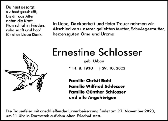 Traueranzeige von Ernestine Schlosser von Darmstädter Echo