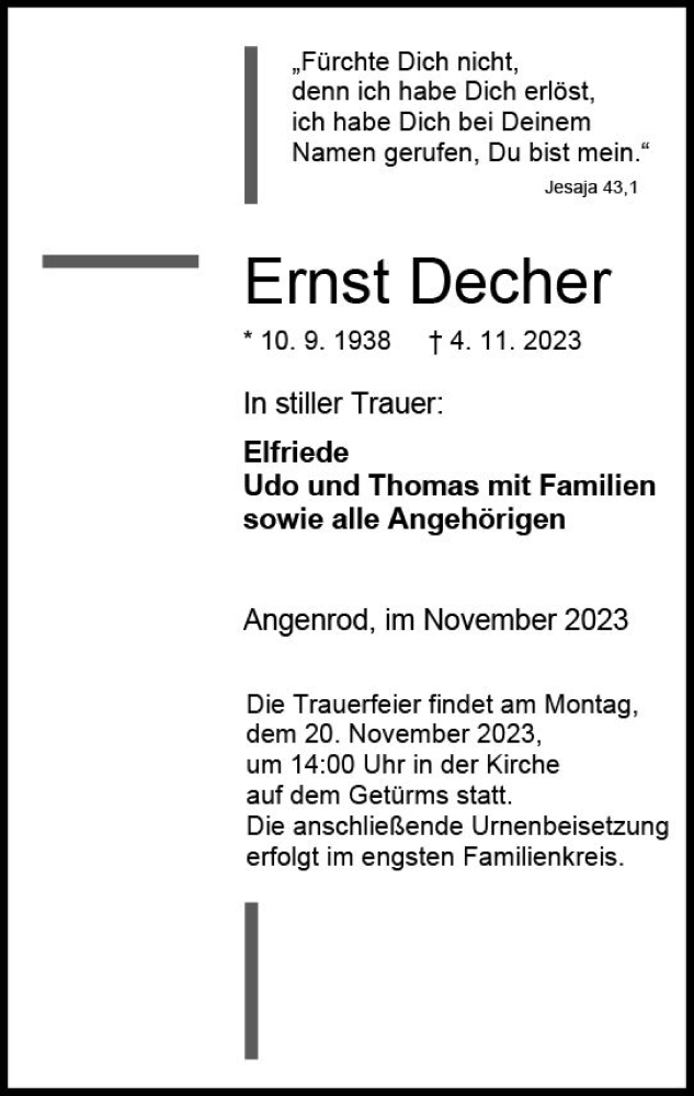  Traueranzeige für Ernst Decher vom 11.11.2023 aus Oberhessen Kurier