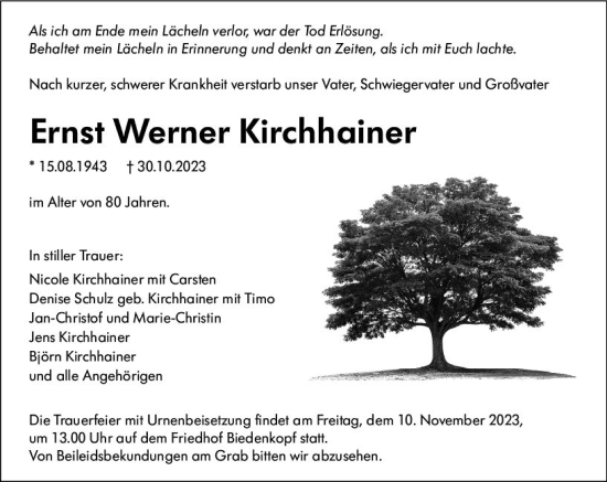 Traueranzeige von Ernst Werner Kirchhainer von Hinterländer Anzeiger