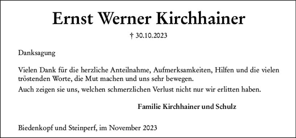  Traueranzeige für Ernst Werner Kirchhainer vom 22.11.2023 aus Hinterländer Anzeiger