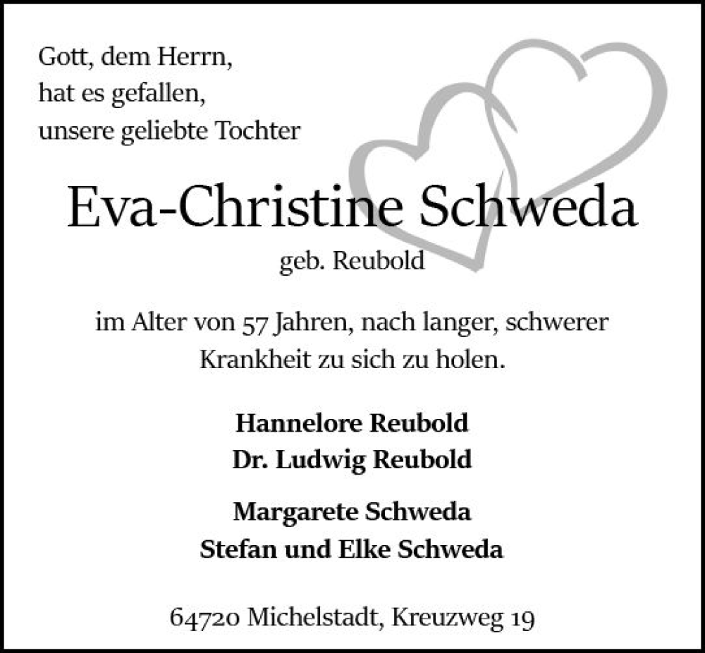  Traueranzeige für Eva-Christine Schweda vom 18.11.2023 aus Odenwälder Echo