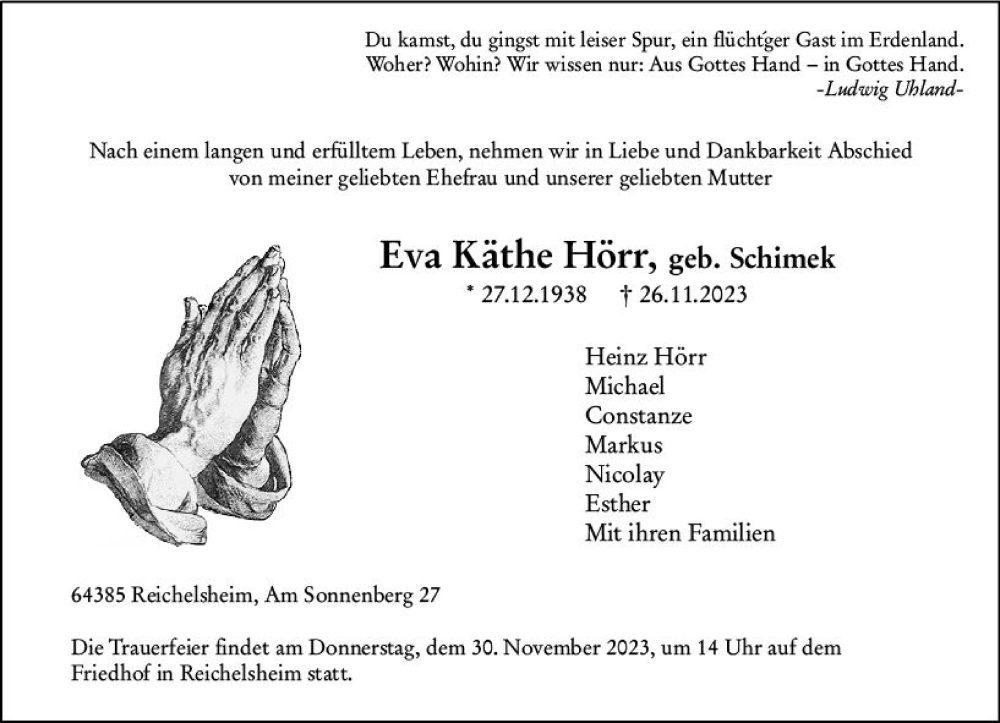  Traueranzeige für Eva Käthe Hörr vom 29.11.2023 aus Odenwälder Echo