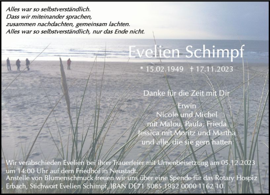 Traueranzeige von Evelien Schimpf von Odenwälder Echo