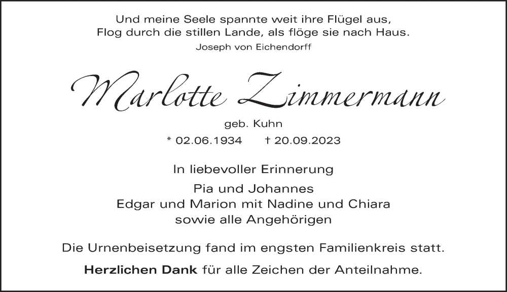  Traueranzeige für Marlotte Zimmermann vom 14.10.2023 aus Wetzlarer Neue Zeitung