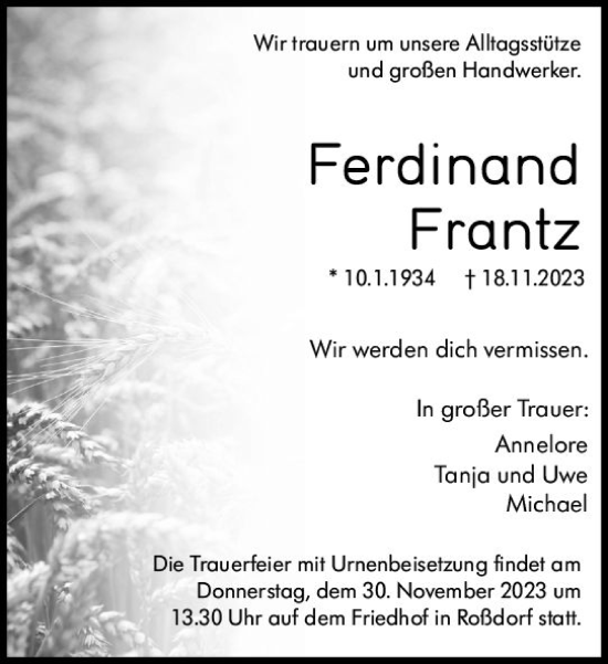 Traueranzeige von Ferdinand Frantz von Darmstädter Echo
