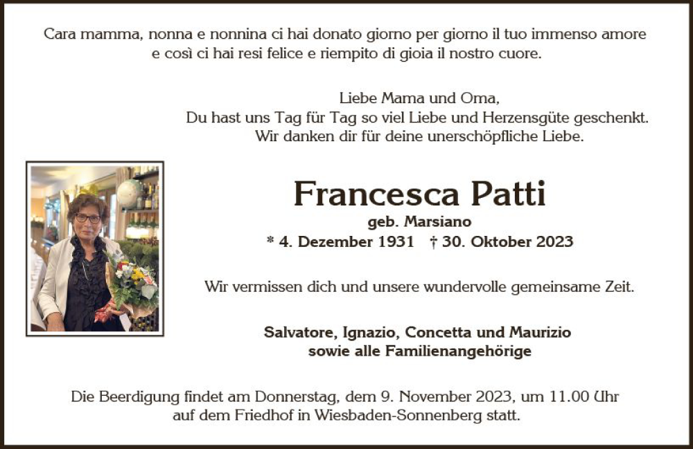  Traueranzeige für Francesca Patti vom 04.11.2023 aus Wiesbadener Kurier