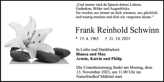 Traueranzeige von Frank Reinhold Schwinn von Darmstädter Echo