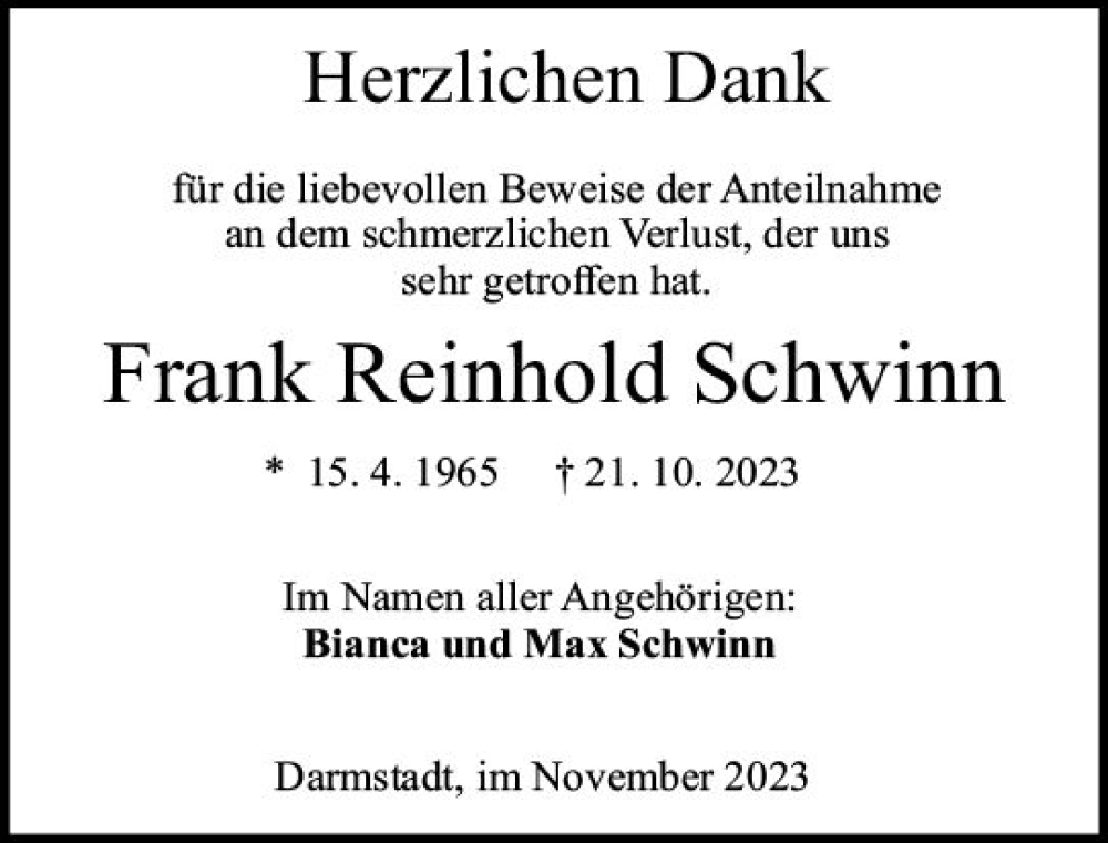  Traueranzeige für Frank Reinhold Schwinn vom 25.11.2023 aus Darmstädter Echo