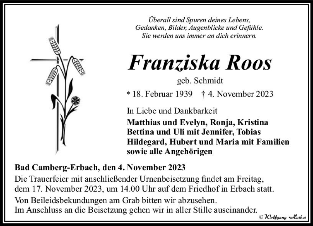  Traueranzeige für Franziska Roos vom 09.11.2023 aus Camberger Anzeiger