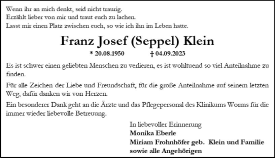 Traueranzeige von Franz Josef Klein von Allgemeine Zeitung Alzey
