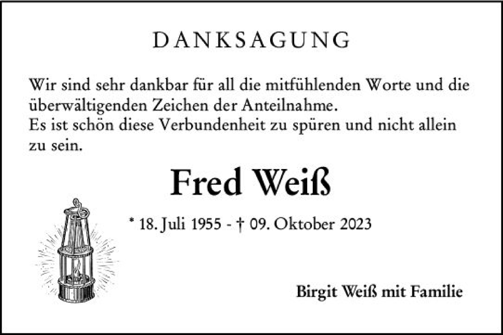  Traueranzeige für Fred Weiß vom 11.11.2023 aus Weilburger Tageblatt