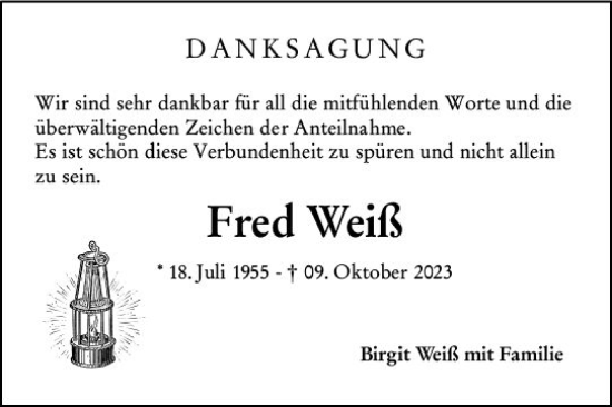 Traueranzeige von Fred Weiß von Weilburger Tageblatt