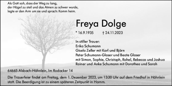 Traueranzeige von Freya Dolge von Darmstädter Echo