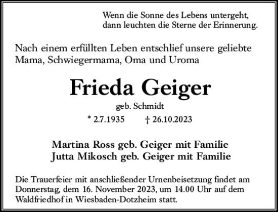 Traueranzeige von Frieda Geiger von Wiesbadener Kurier