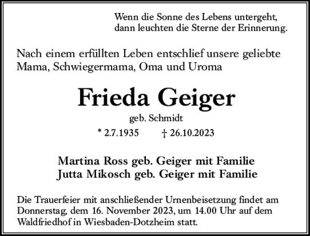  Traueranzeige für Frieda Geiger vom 11.11.2023 aus Wiesbadener Kurier